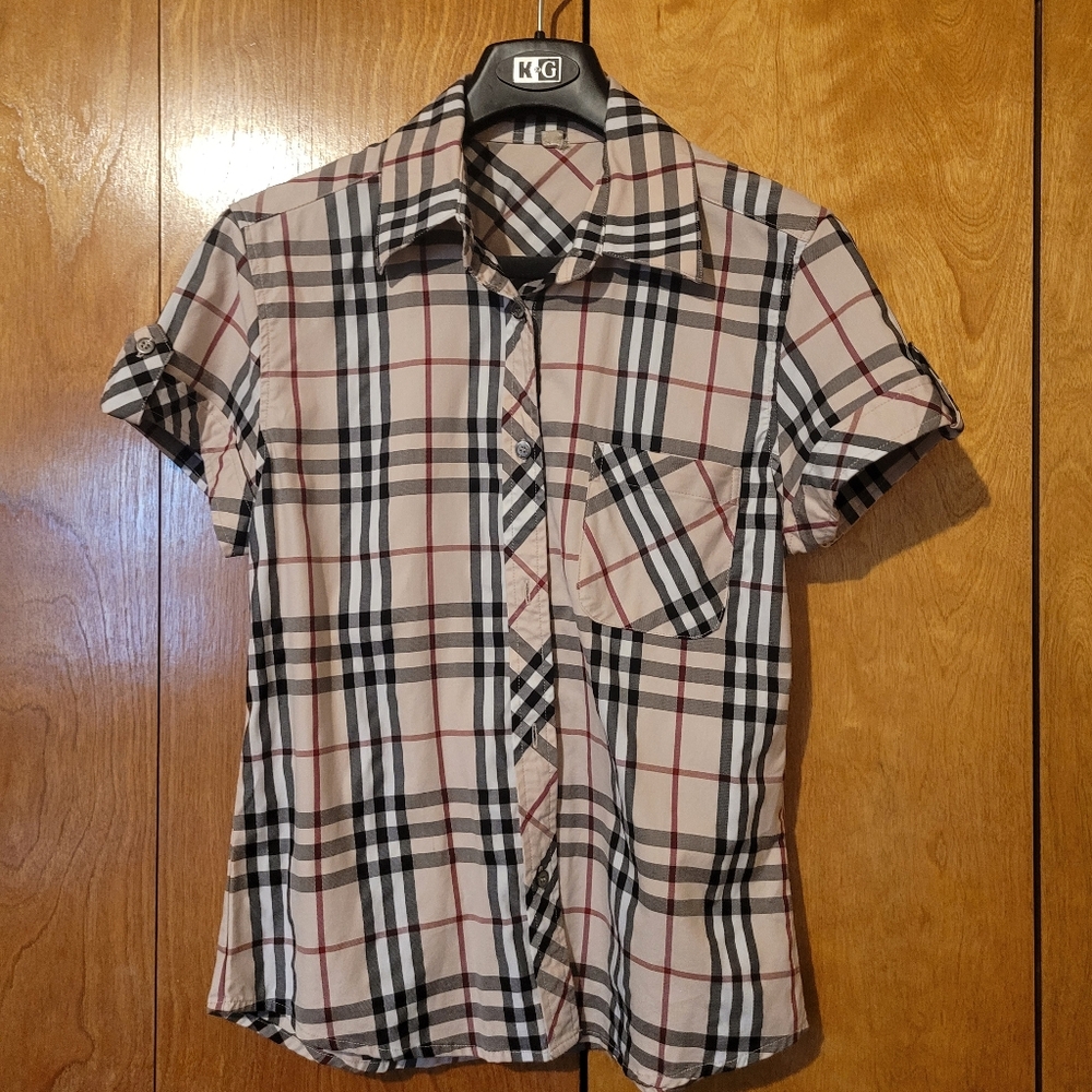 Burberry Beige, Black & Red Plaid Short Sleeve Button Down Shirt - Picture 3 of 15